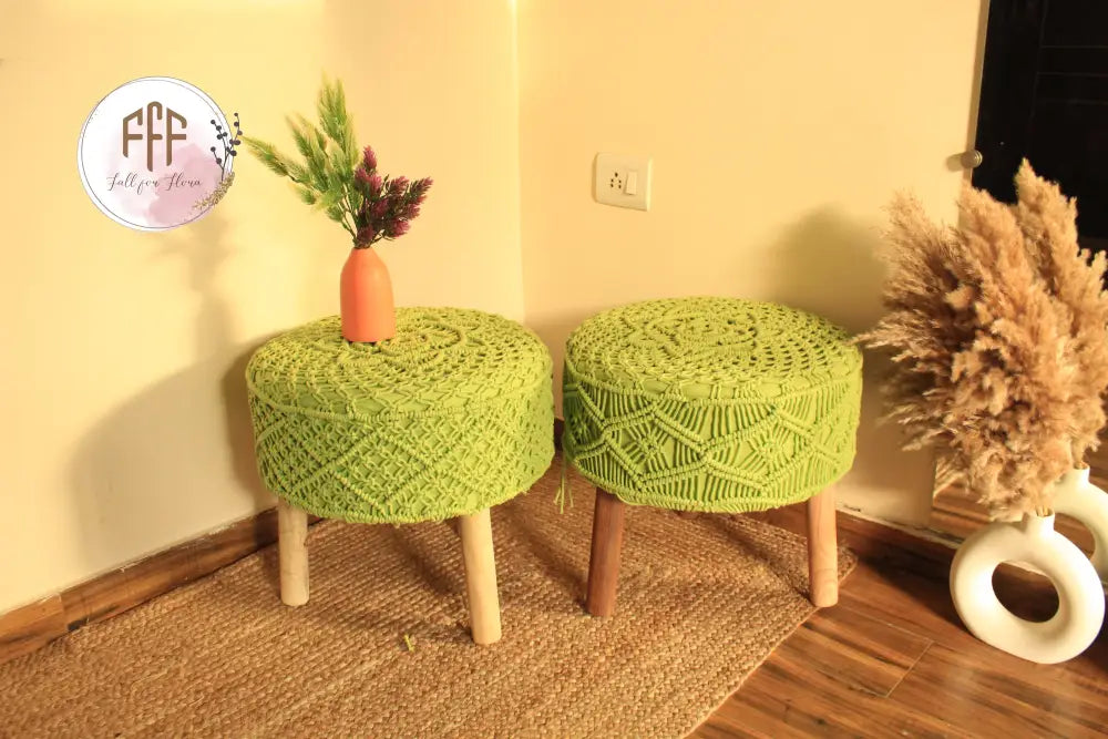 Zesty Green Macrame Ottoman - Set Of 2