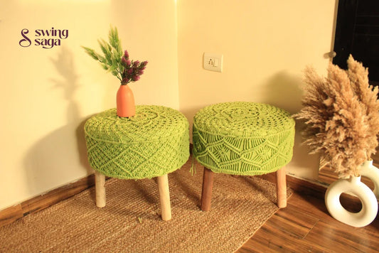 pair of handmade macrame ottoman in green color.