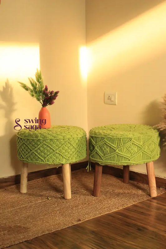 Set of two macrame handwoven ottoman in green color.