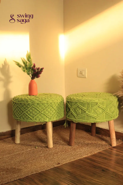 Set of two macrame handwoven ottoman in green color.