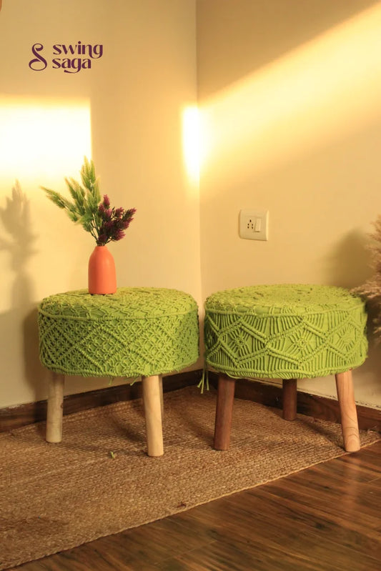 Set of two macrame handwoven ottoman in green color.