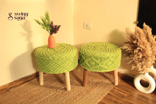 pair of handmade macrame ottoman in green color.